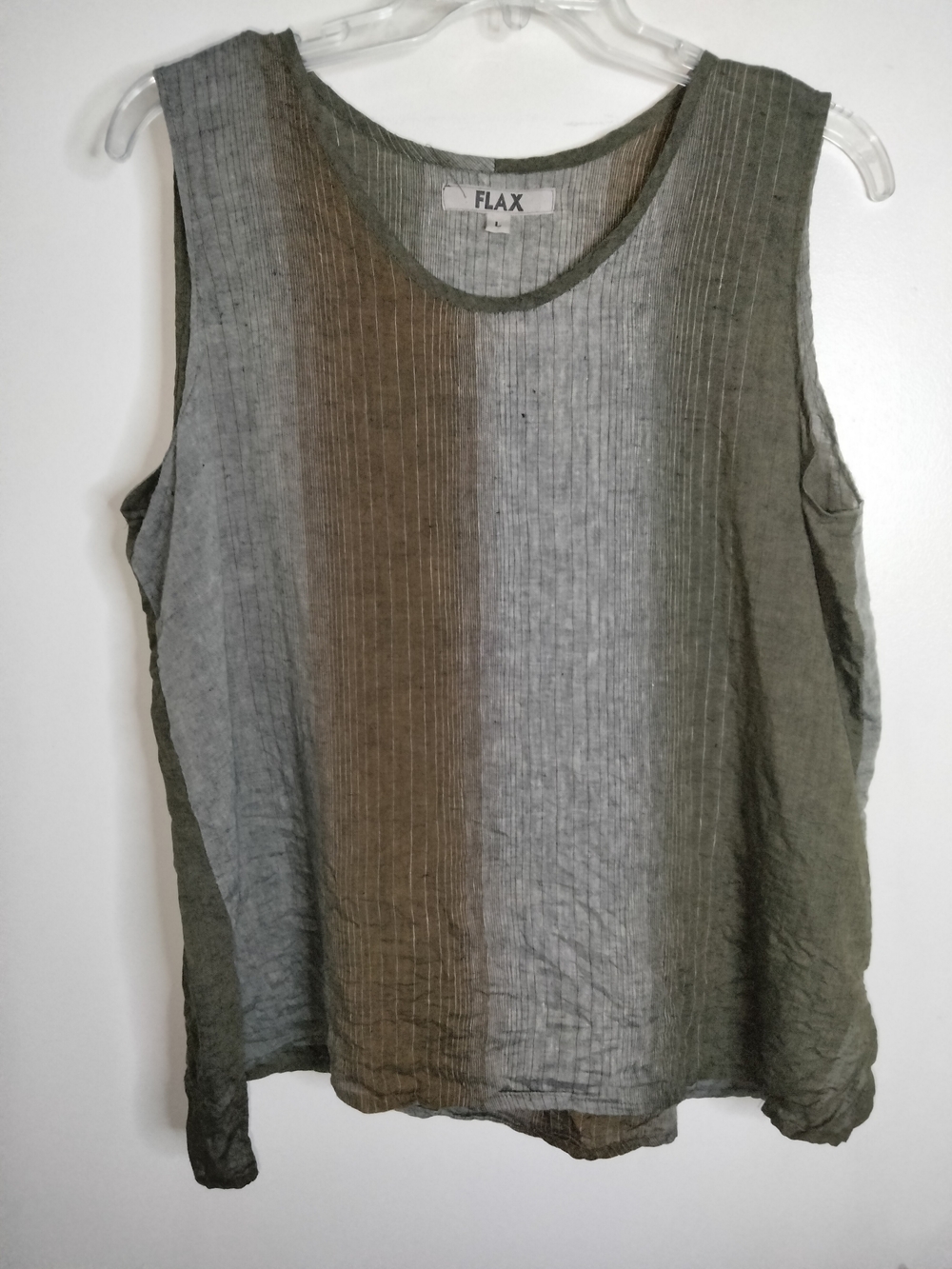 FLAX -L- Brown & Gray Striped Linen Scoop Neck Sleeveless Linen Tunic Tank